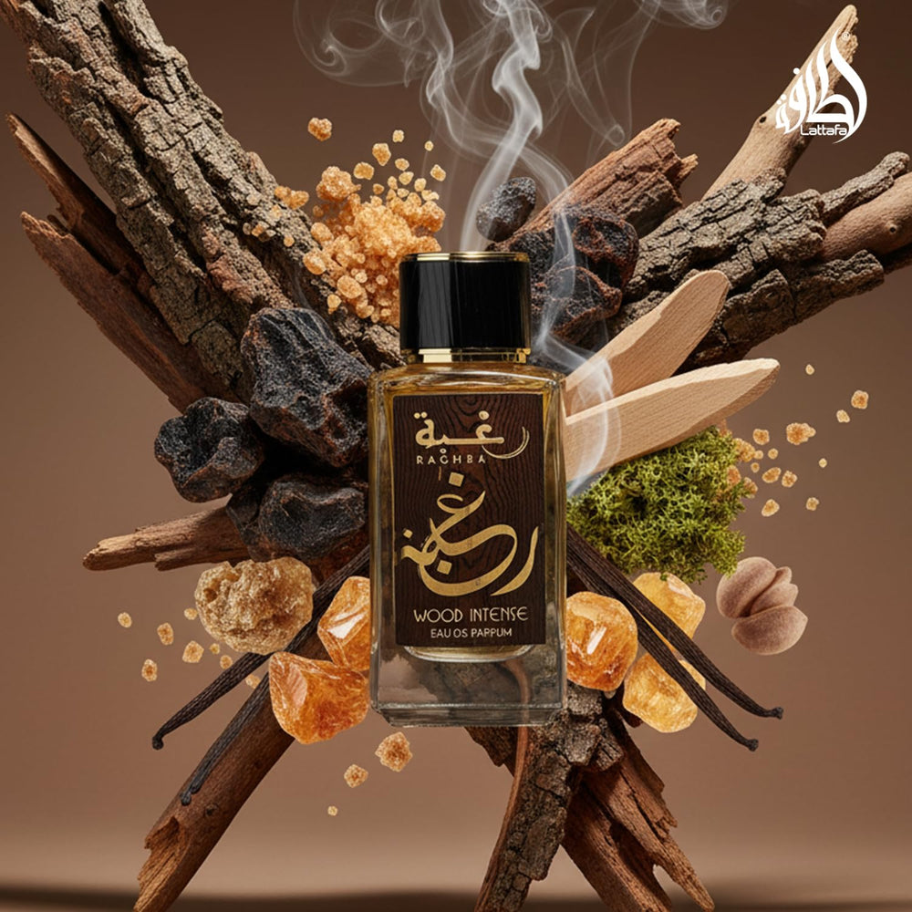 Lattafa Raghba Wood Intense amber and musk base, lasting warmth.
