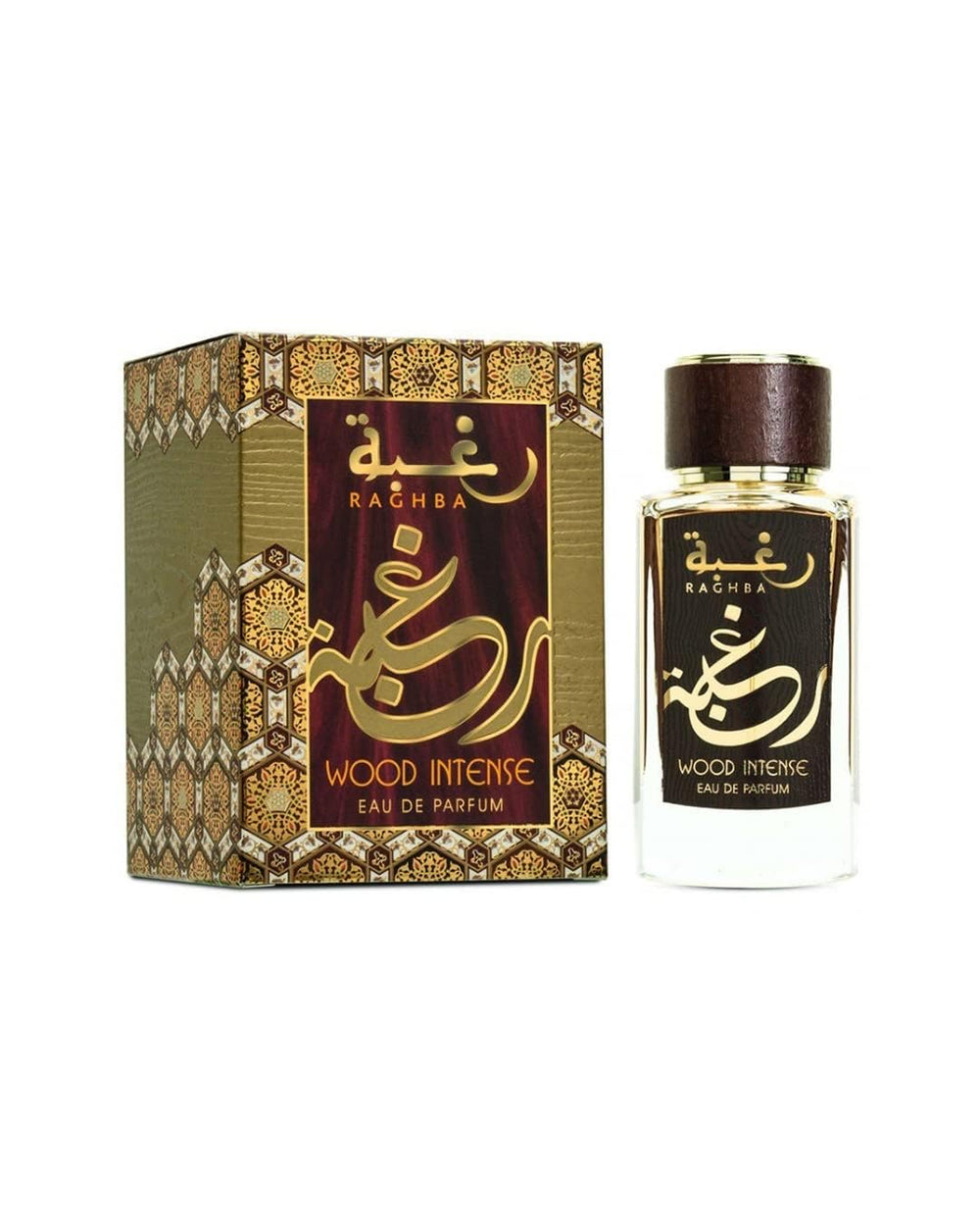 Lattafa Raghba Wood Intense bottle front, bold woody signature for evenings.