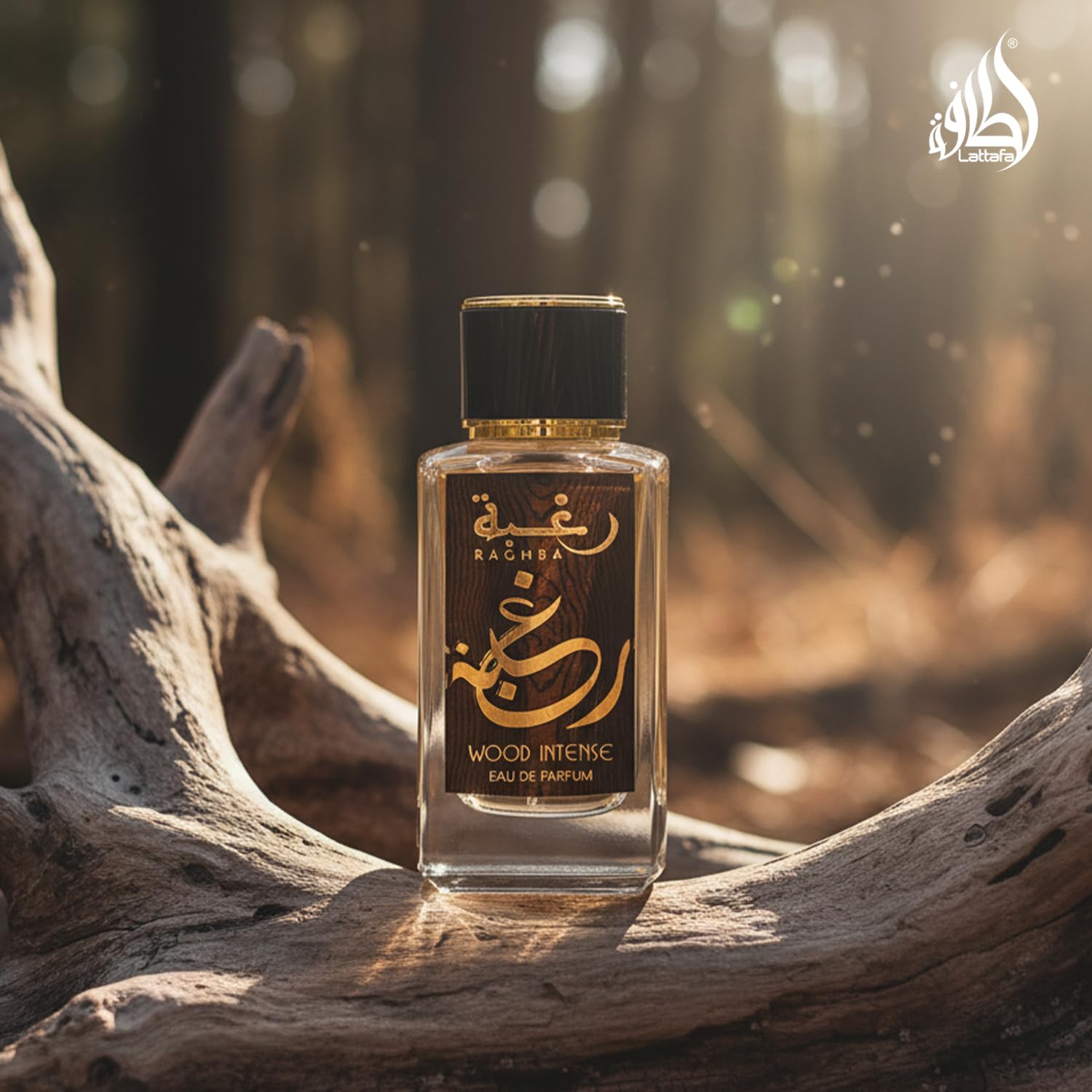 Lattafa Raghba Wood Intense cashmere wood close-up, luxurious base texture.