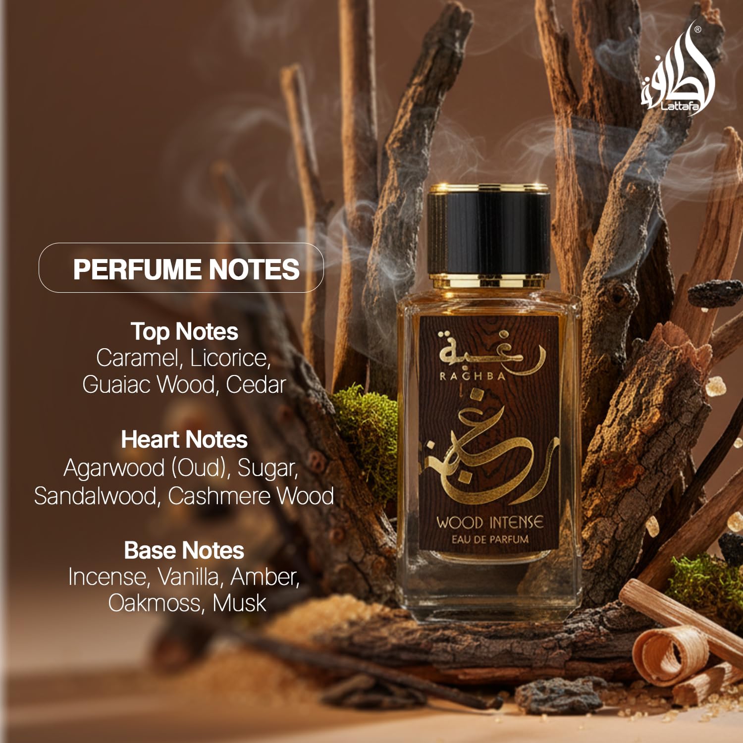 Lattafa Raghba Wood Intense close cedar note highlights warm cedar accents
