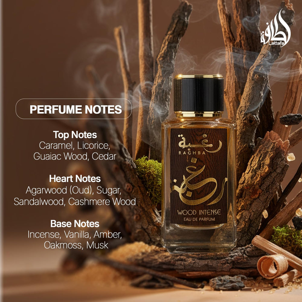Lattafa Raghba Wood Intense packaging, premium gift-ready presentation.