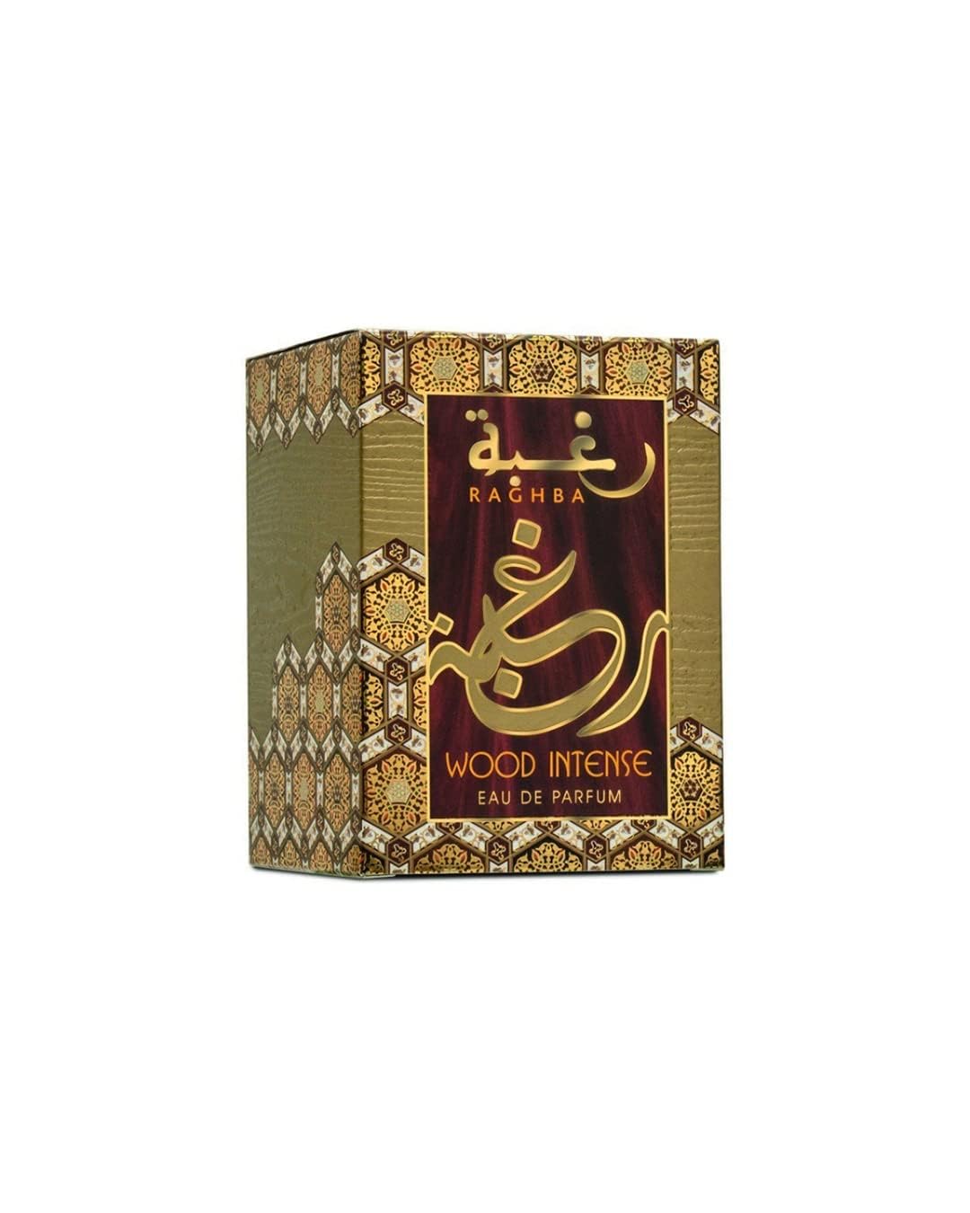 Lattafa Raghba Wood Intense sugar note detail, contemporary warmth.