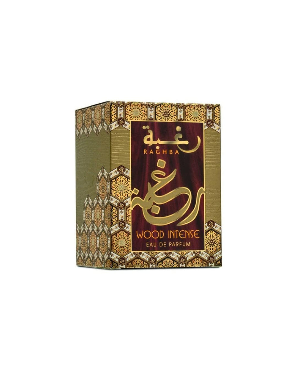 Lattafa Raghba Wood Intense sugar note detail, contemporary warmth.