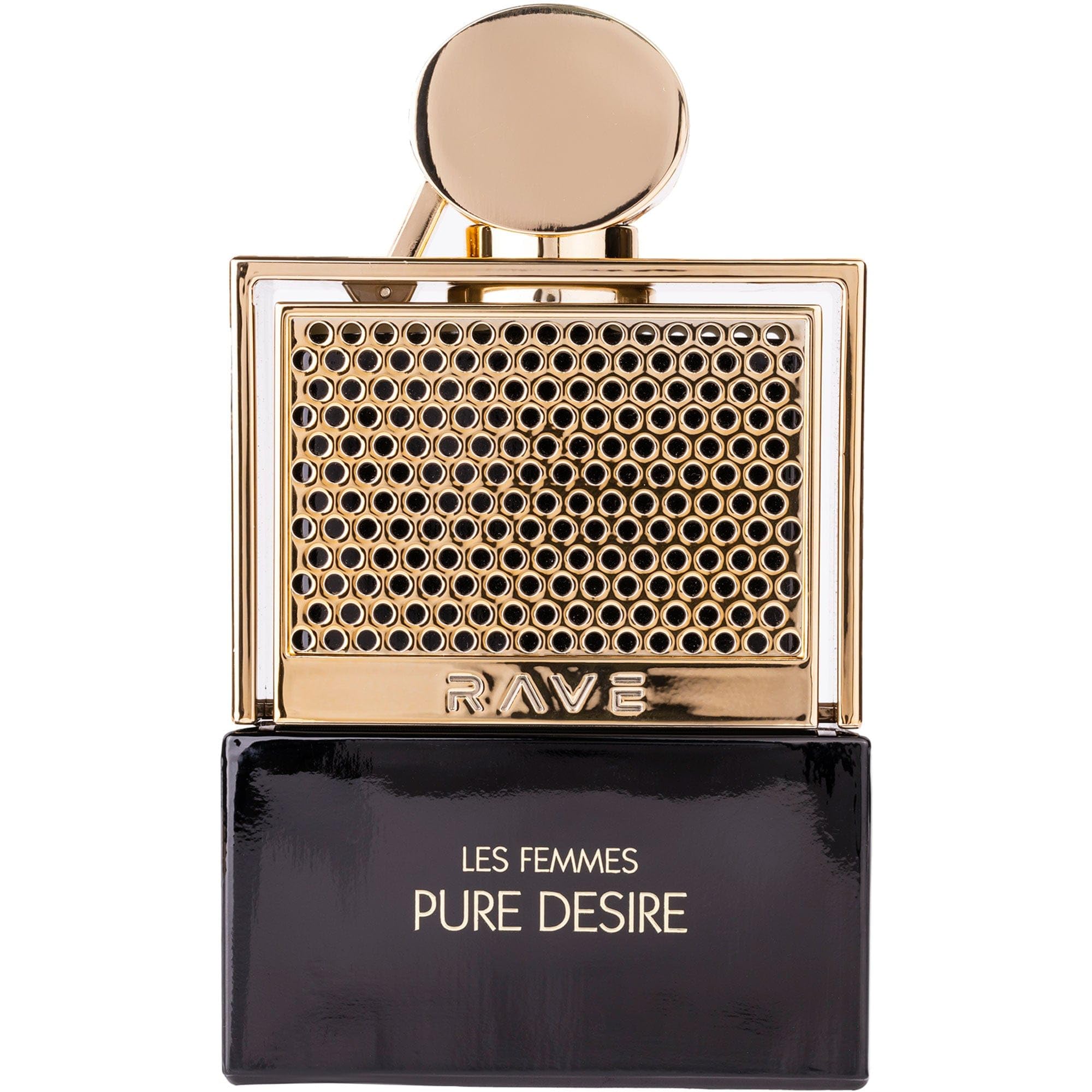 Lattafa Rave Pure Desire Gold bottle pour delivers a long-lasting floral gourmand fragrance for evening wear