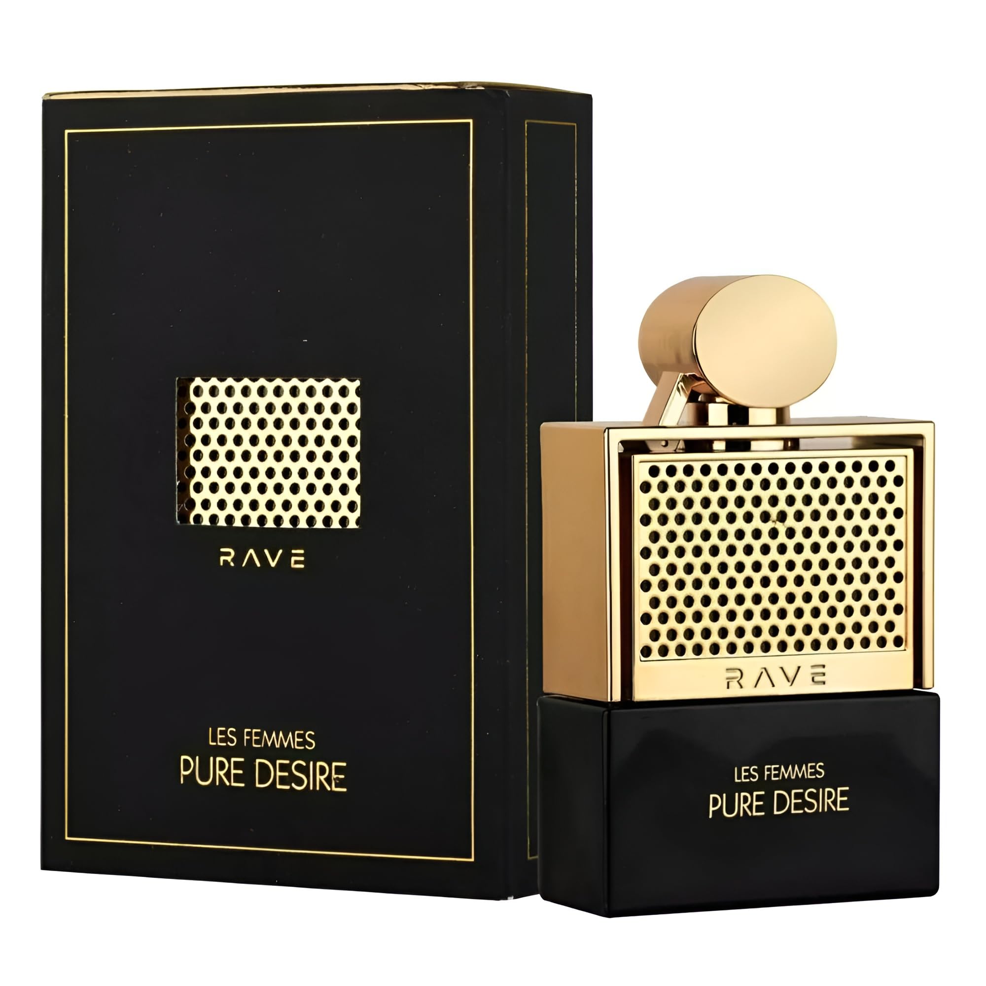 Lattafa Rave Pure Desire Gold packaging showcases the gift-ready glamorous gold design