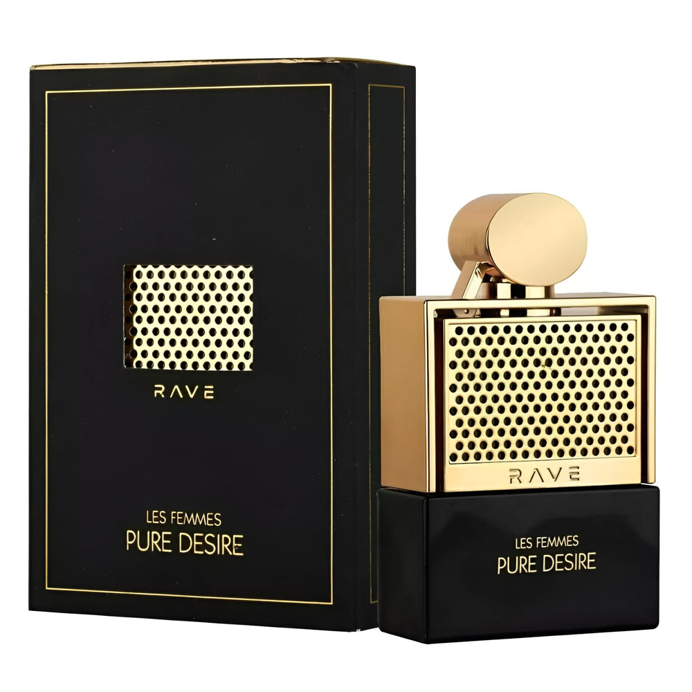 Lattafa Rave Pure Desire Gold packaging showcases the gift-ready glamorous gold design