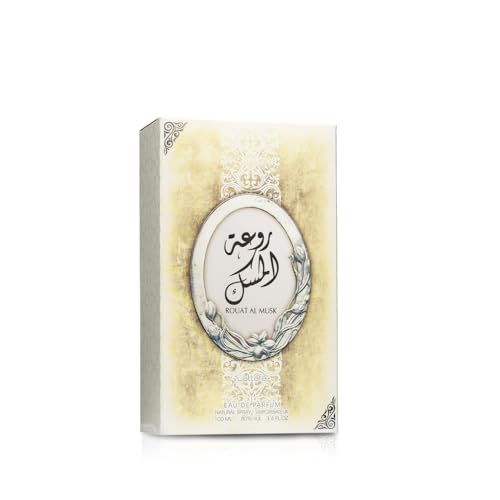 Lattafa Rouat Al Musk bottle shows the golden crystal top for luxe occasions.