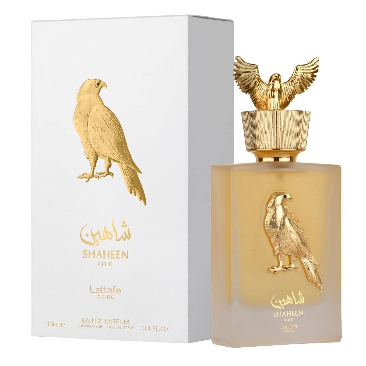 Lattafa Shaheen Gold bottle closeup highlighting luxe design and citrus-fruity character
