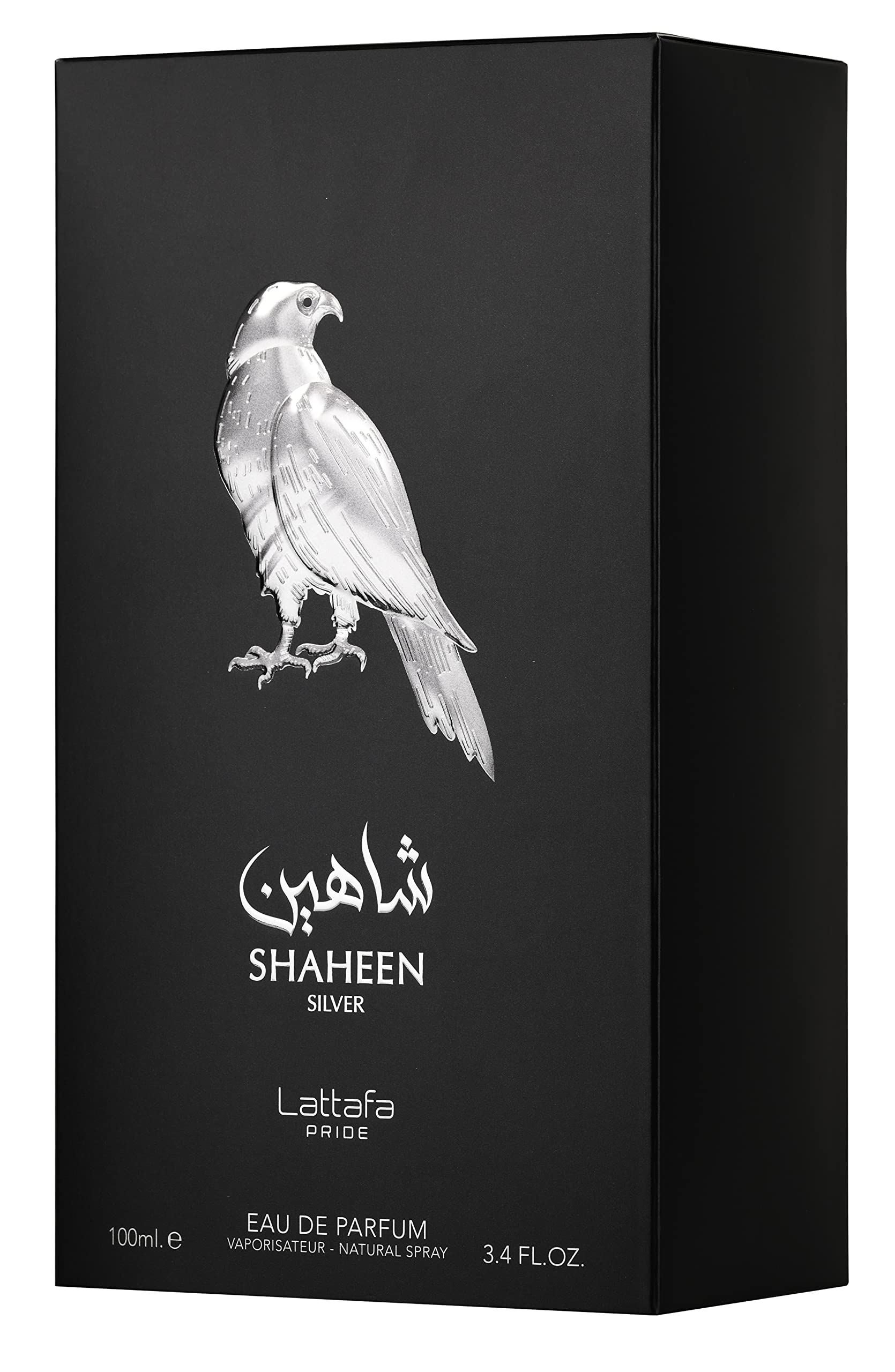 Lattafa Shaheen Silver base notes Musk Oakmoss Amber create lasting presence.
