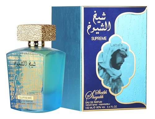Lattafa Sheikh Al Shuyukh Supreme bottle closeup shows an ornate, luxe design.