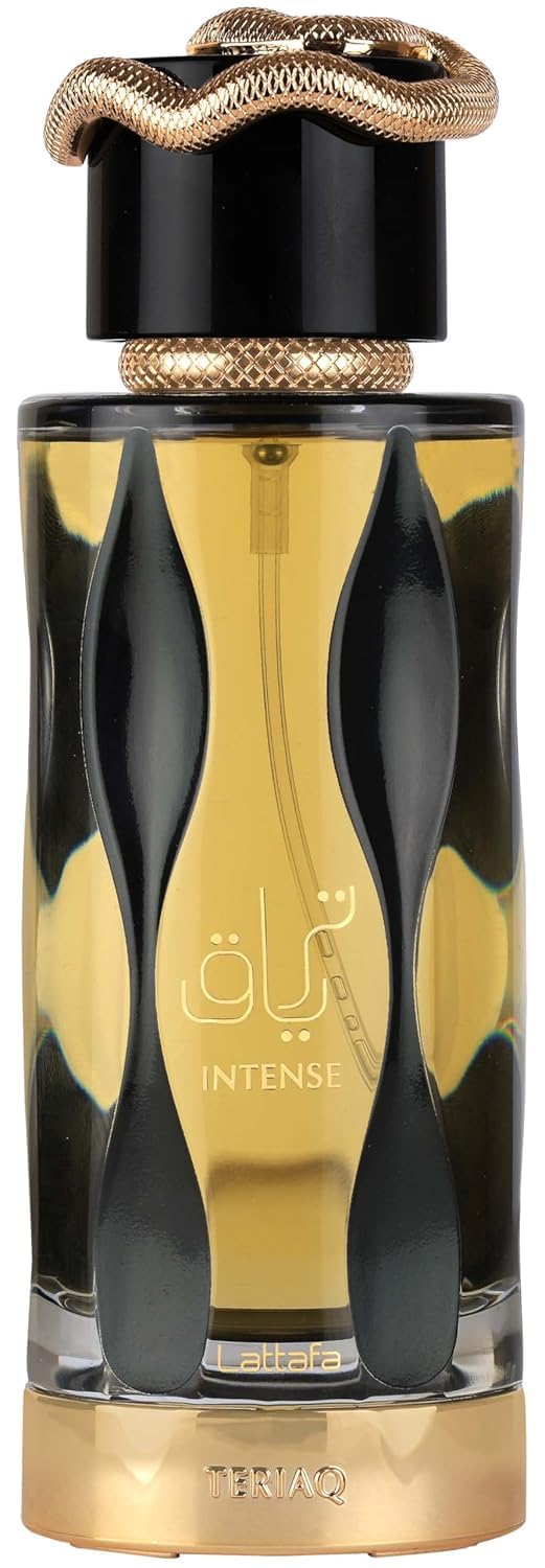 Lattafa Teriaq Intense bottle close-up for bold, long-lasting presence.