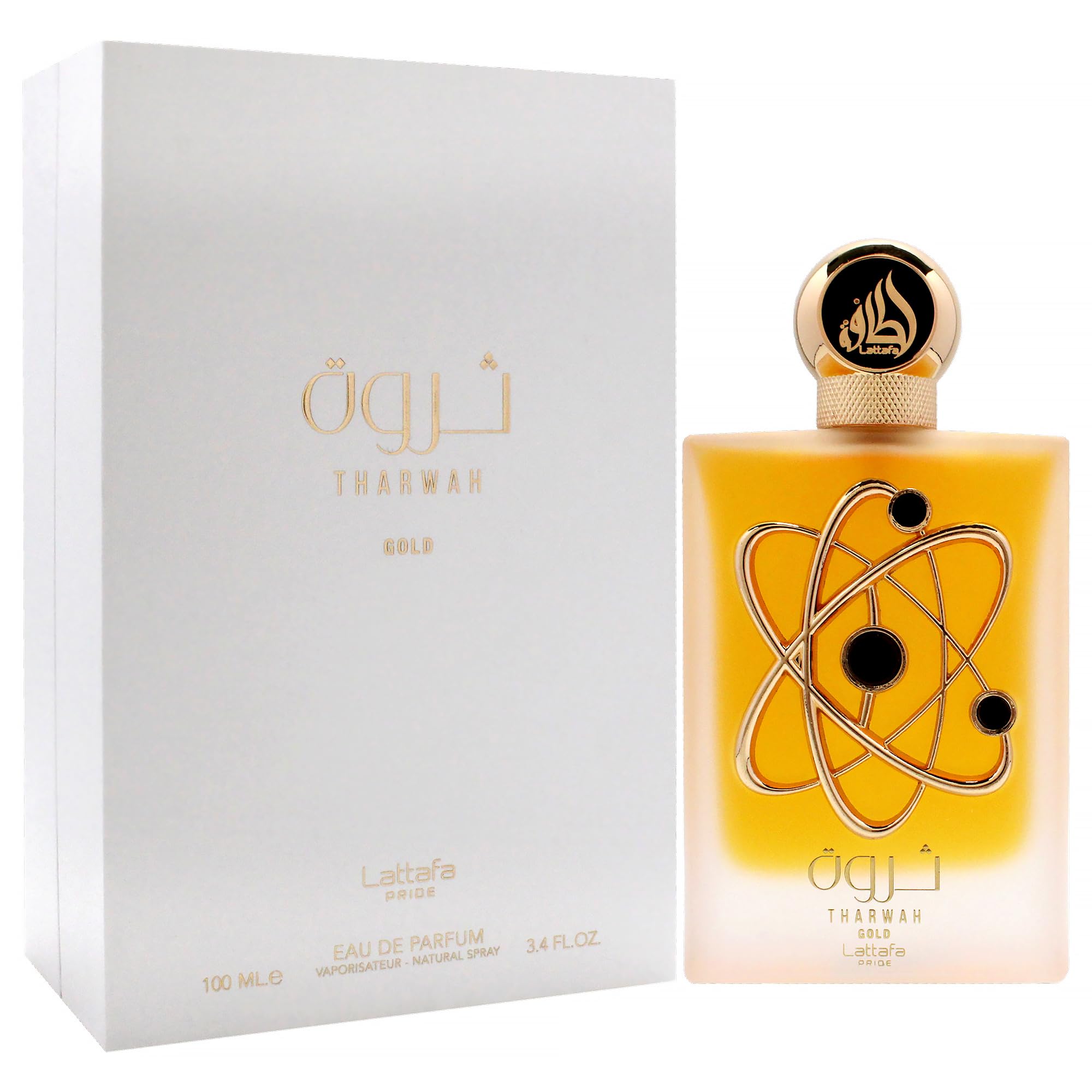 Lattafa Tharwah Gold bottle flowers close-up with orange blossom and jasmine for daily elegance