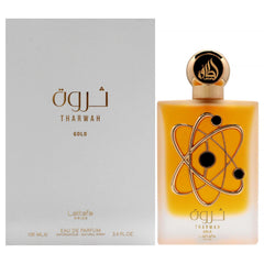 Lattafa Tharwah Gold bottle front for all-day unisex fragrance appeal