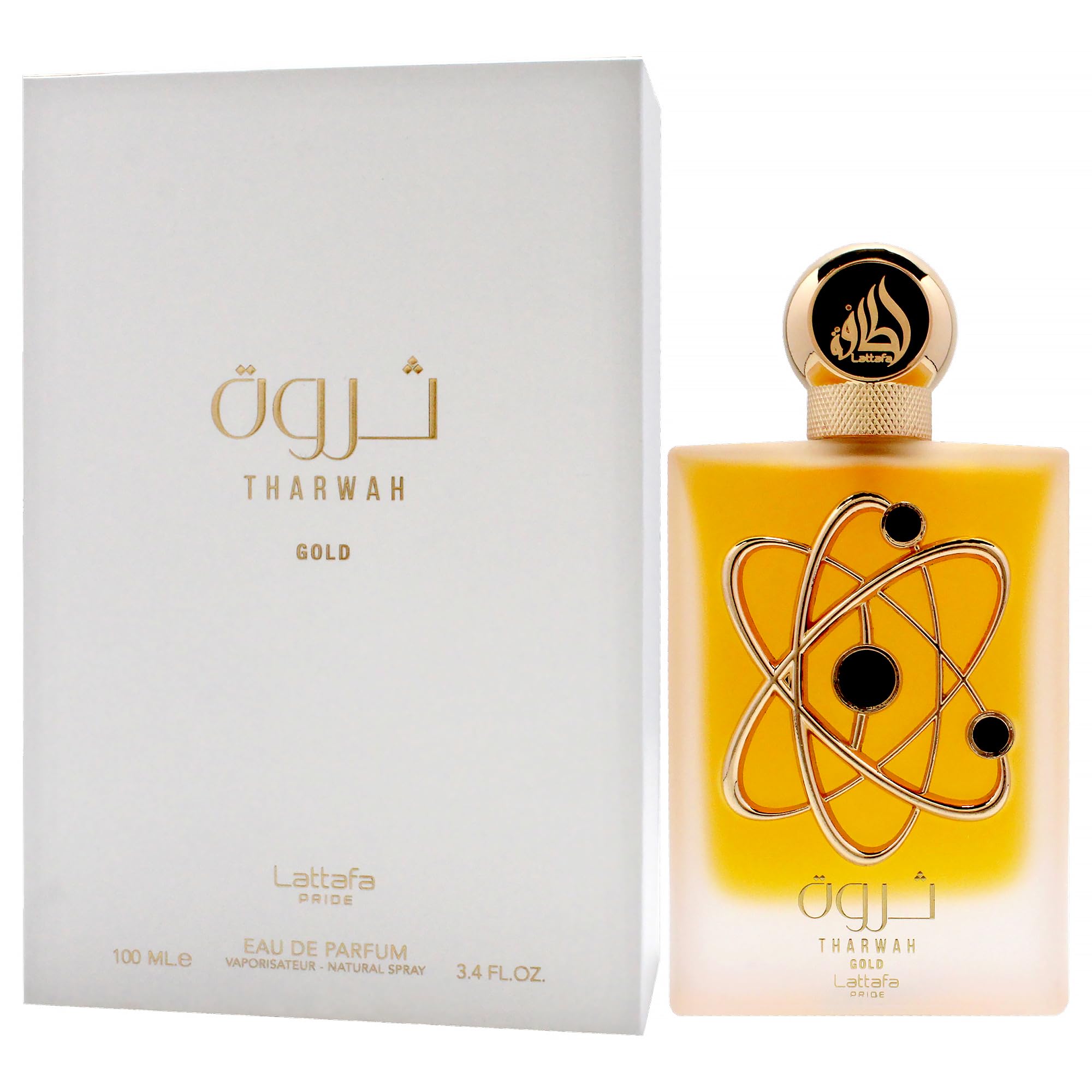 Lattafa Tharwah Gold bottle vanilla-base detail suggests warm, comforting sillage