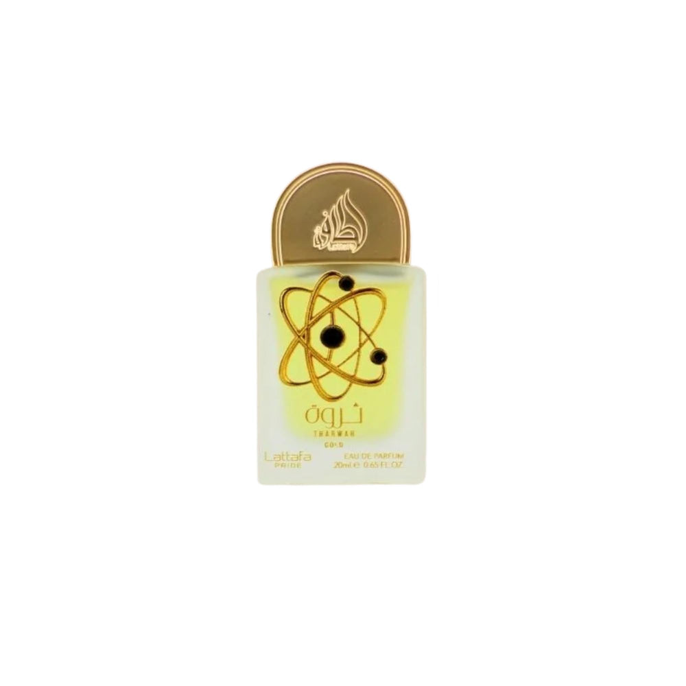 Lattafa Tharwah Gold EDP bottle—opulent warm-spice aroma for special events.