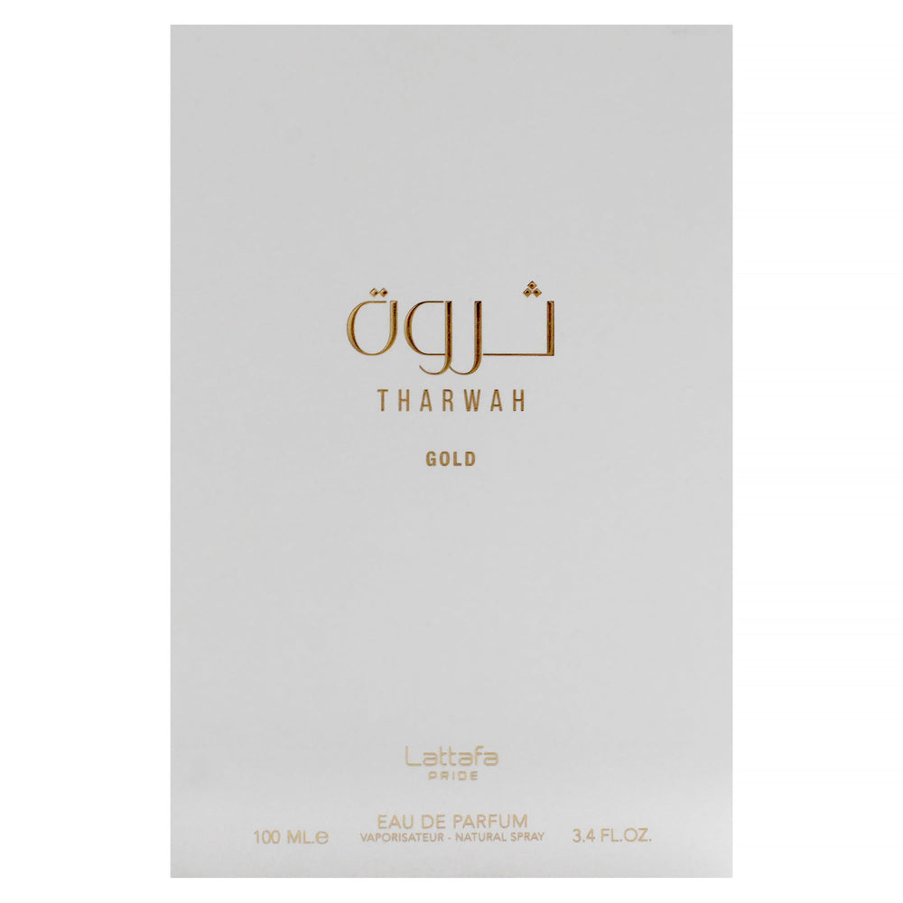 Lattafa Tharwah Gold spray-action shot evokes easy daily application