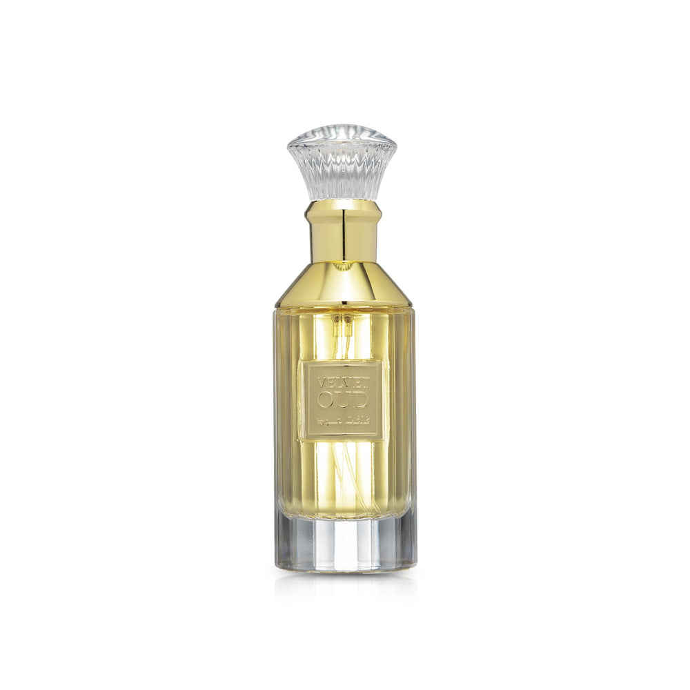 Lattafa Velvet Oud bottle front view highlighting amber and oud richness for evening wear.