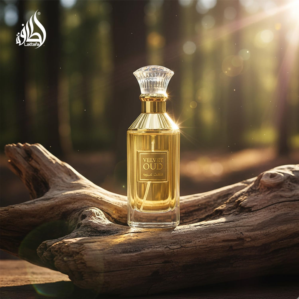Lattafa Velvet Oud packaging box on display with elegant gold accents.