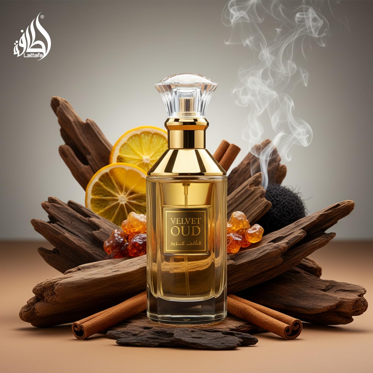 Lattafa Velvet Oud spray action showing easy application moment.