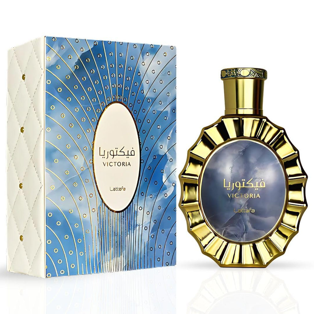 Lattafa Victoria long-lasting fragrance graphic showing enduring scent throughout the day