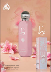 Lattafa Yara All Over Spray label detail hints at gourmand notes and tropical fruit accents