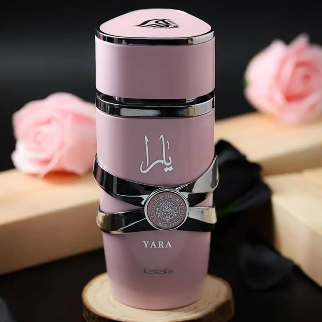 Lattafa Yara bottle closeup emphasizing orchid, tangerine, and vanilla notes.
