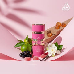 Lattafa Yara Candy fragrance notes showcase green mandarin, blackcurrant, and strawberry fizz candy.