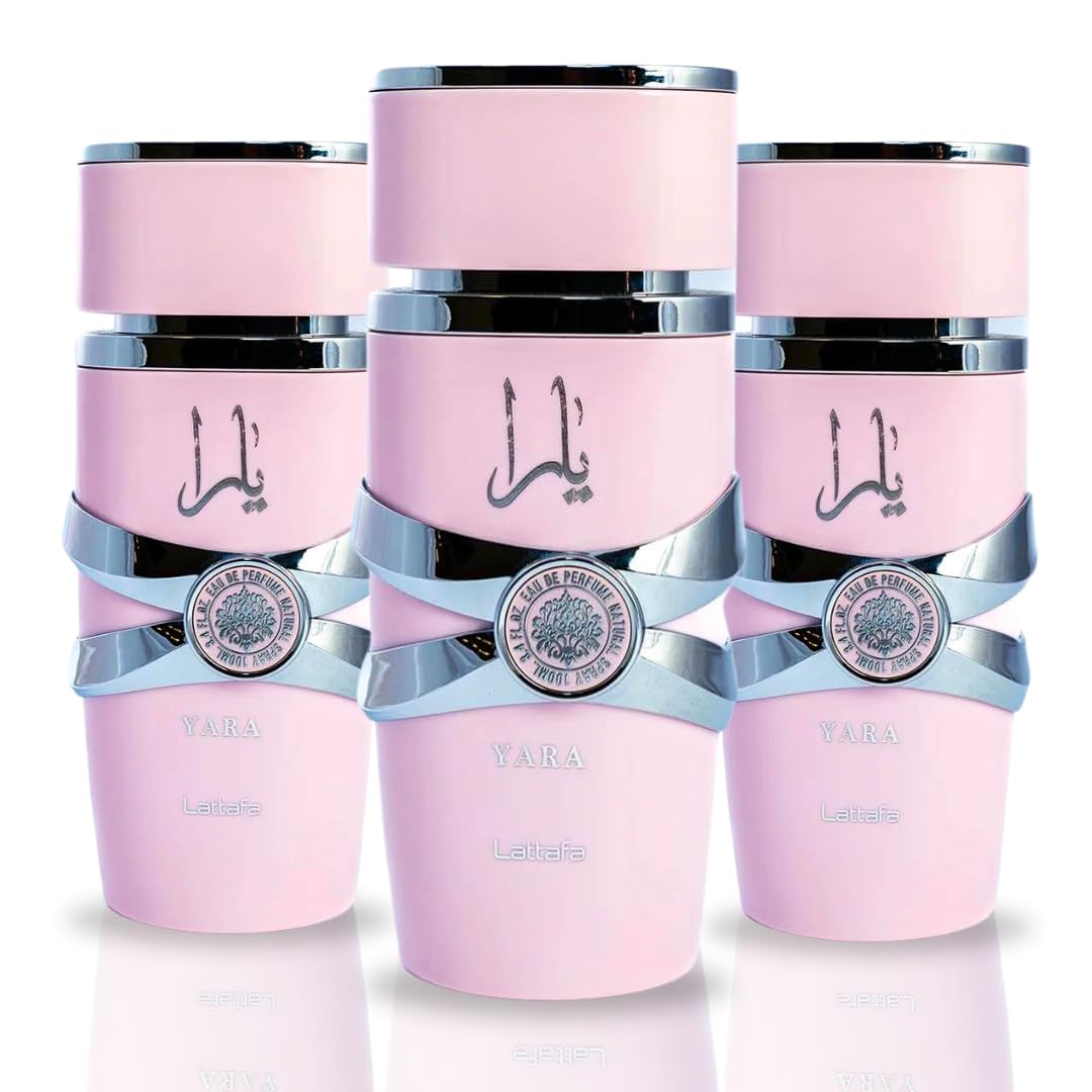 Lattafa Yara eau de parfum bottle front, showcasing amber vanilla warmth for daily confidence.