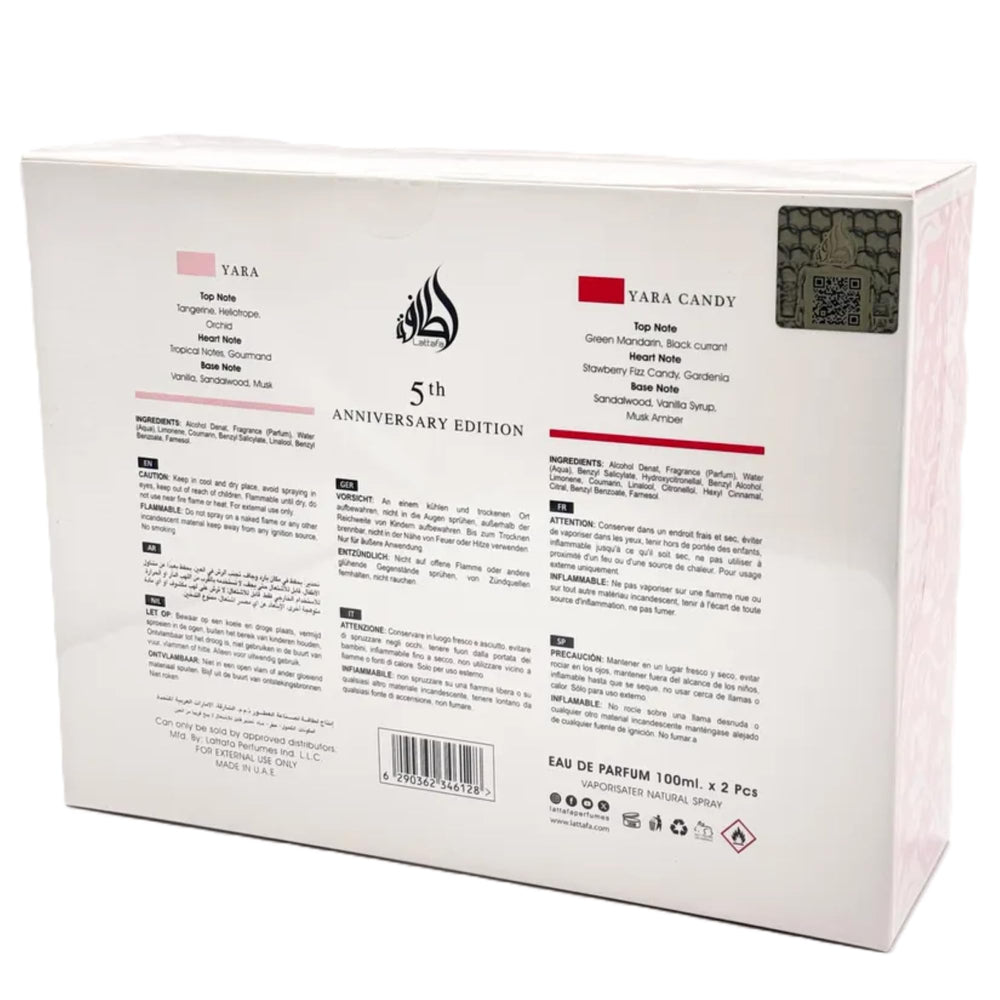 Lattafa Yara EDP gift box interior reveals dual fragrance pairing for versatile occasions.