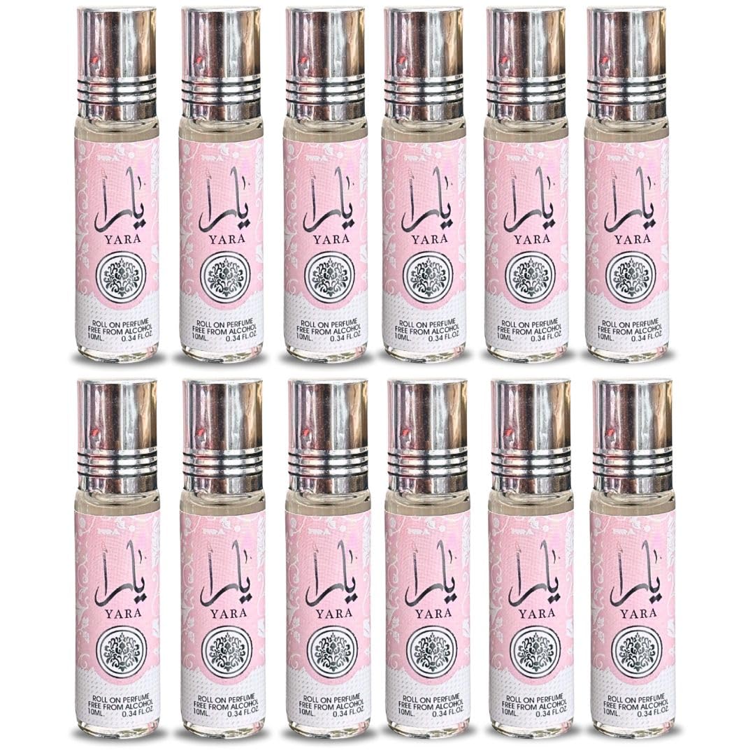 Lattafa Yara roll-on bottle close-up highlighting alcohol-free formula.