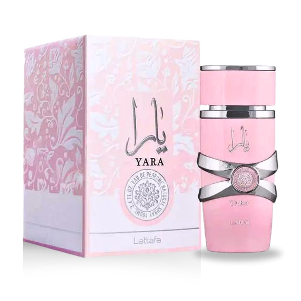 Lattafa Yara spray bottle in use delivering a long-lasting fresh aroma.