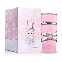 Lattafa Yara spray bottle in use delivering a long-lasting fresh aroma.