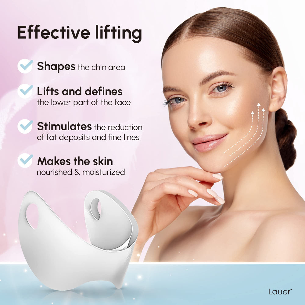 Lauer Cosmetic Double Chin Reducer Strap shown worn for firming effect and chin contour