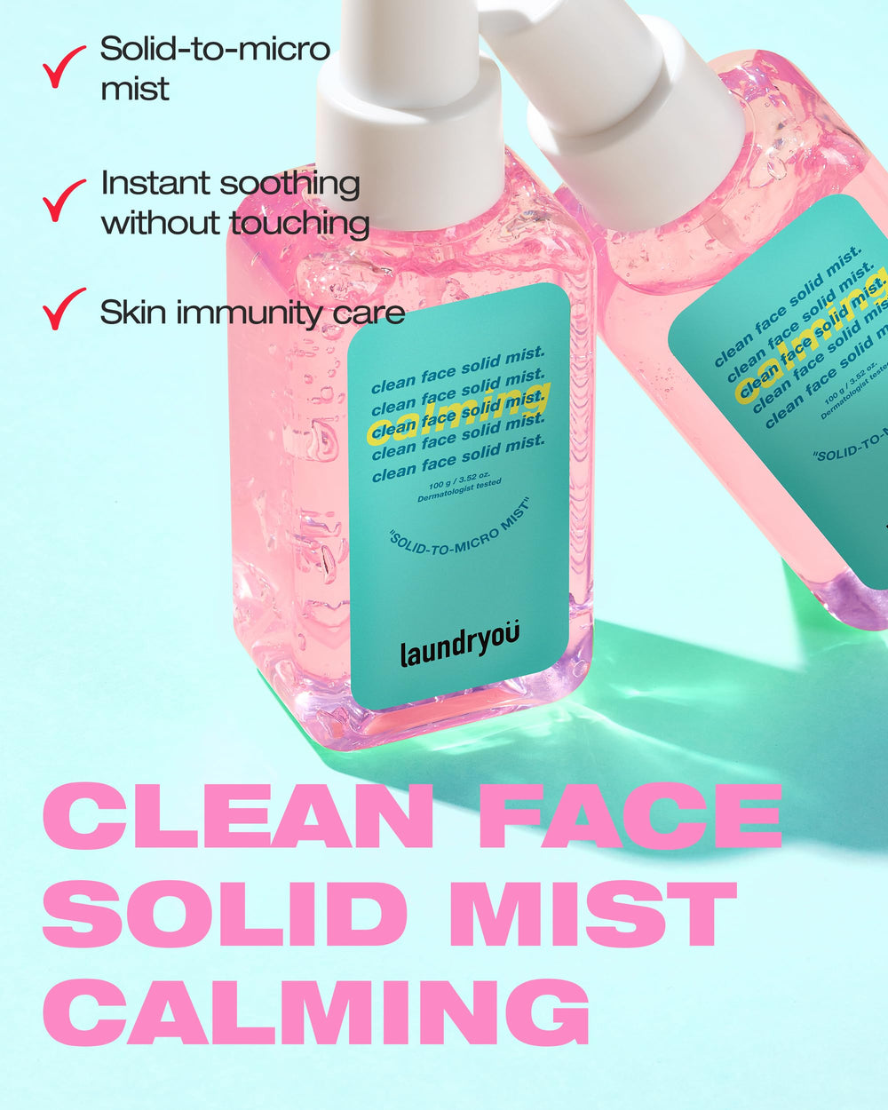 LAUNDRYOU Clean Face gel-to-mist application demonstrates a refreshing mist for sensitive skin.
