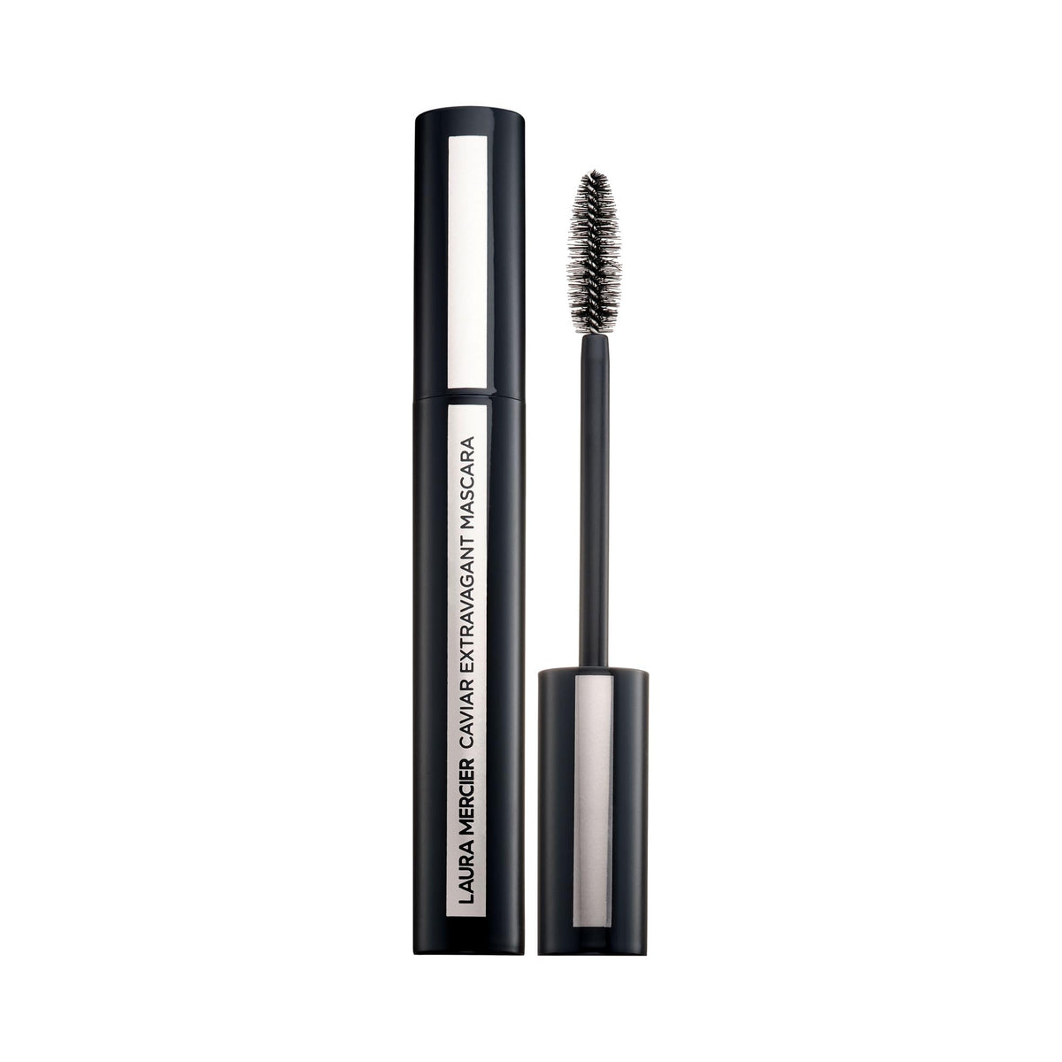 Laura Mercier Caviar Extravagant Mascara bottle shows deep black shade for dramatic lashes.