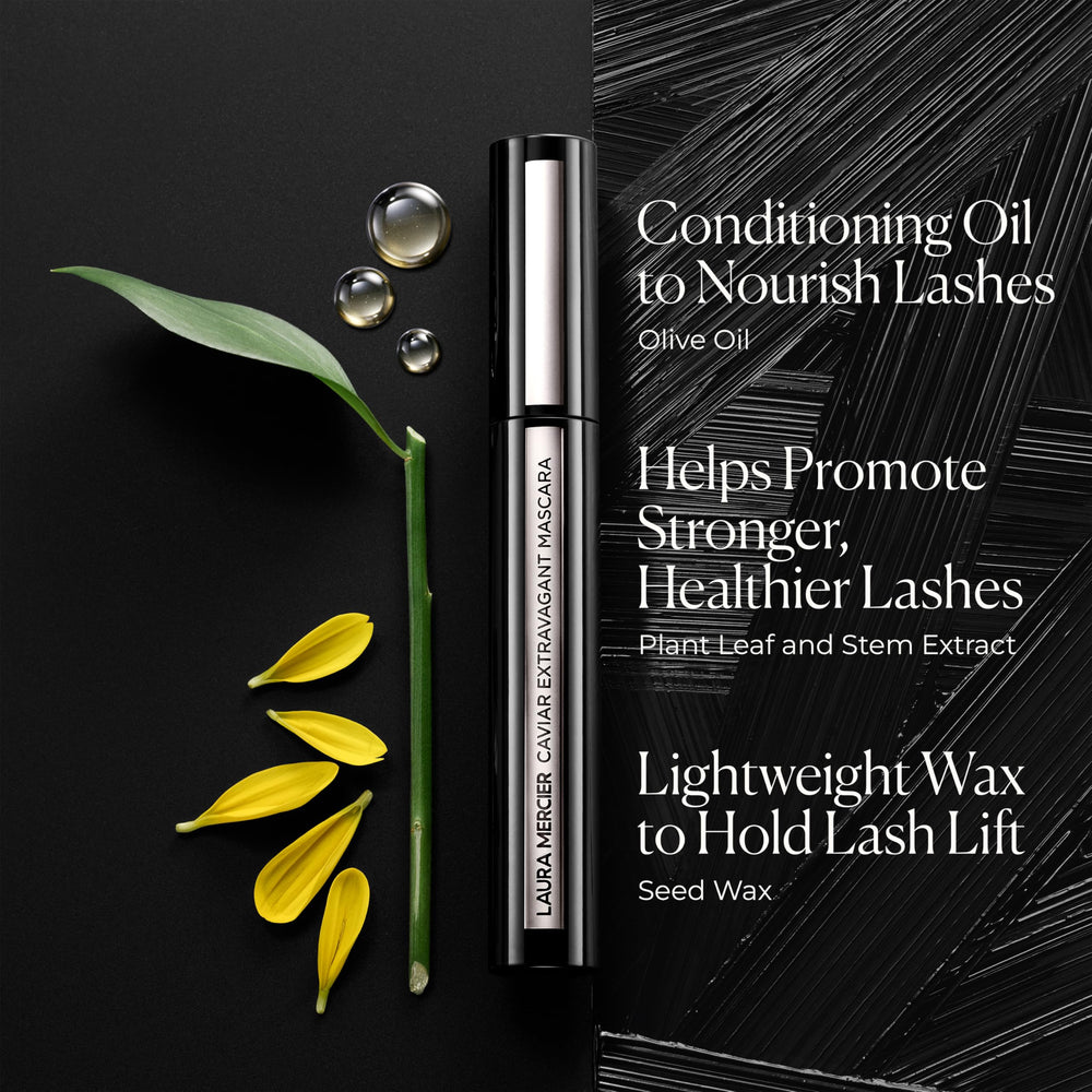 Laura Mercier Caviar Extravagant Mascara lash application demonstrates curl and lift.