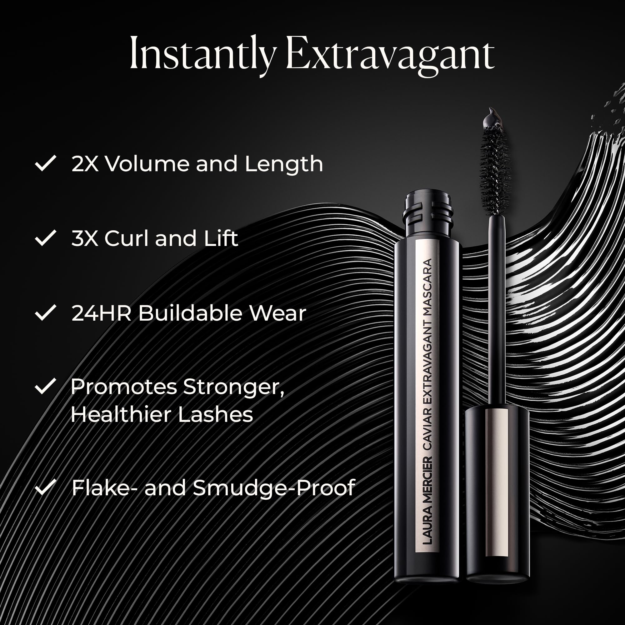 Laura Mercier Caviar Extravagant Mascara wand closeup highlights pigment richness for bold definition.