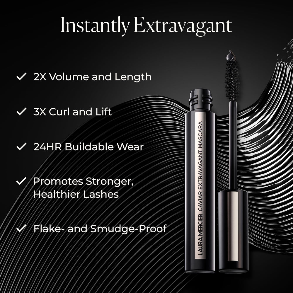 Laura Mercier Caviar Extravagant Mascara wand closeup highlights pigment richness for bold definition.