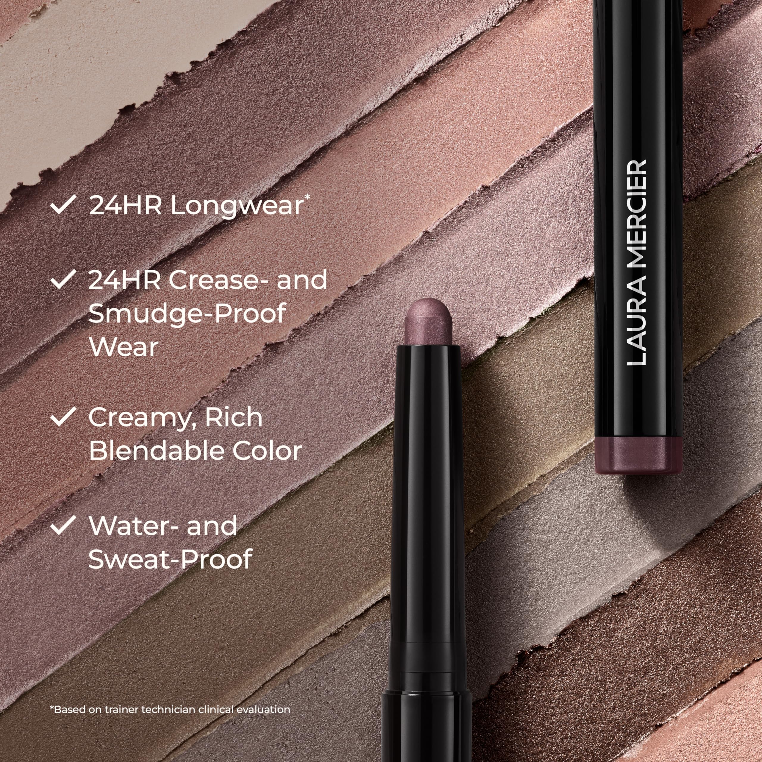 Laura Mercier Caviar Stick Moonlight swatch on lid shows buildable shimmer for versatile looks.