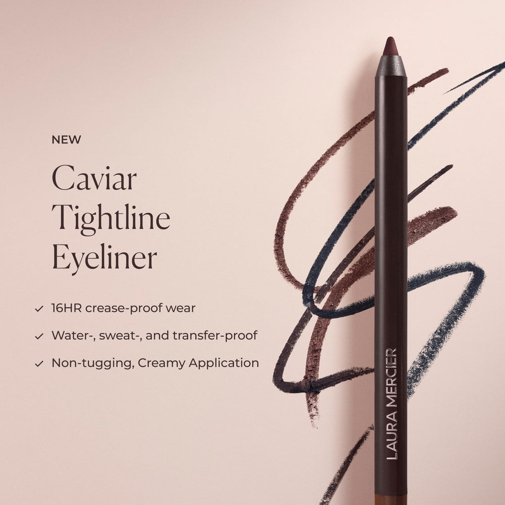 Laura Mercier Caviar Tightline Bronze packaging highlights seven finishes including shimmer and matte.