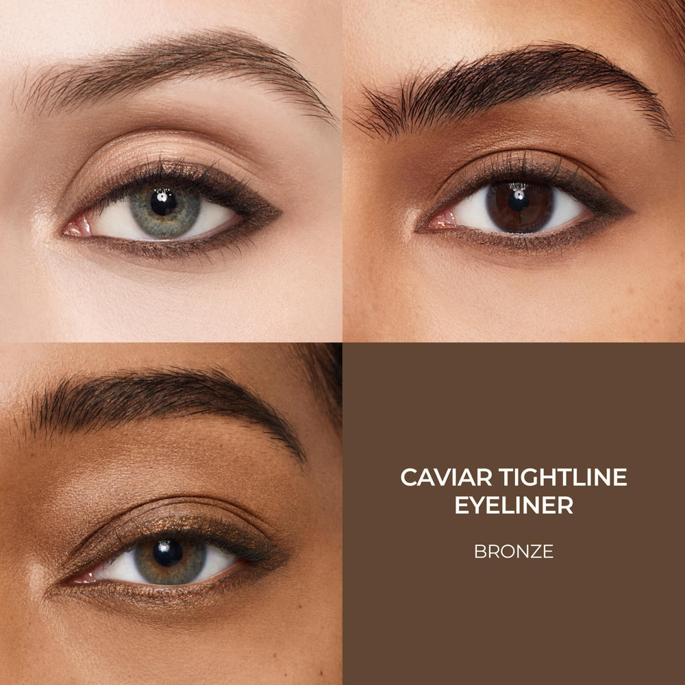 Laura Mercier Caviar Tightline Bronze waterline application demonstrates waterproof, crease-proof wear.