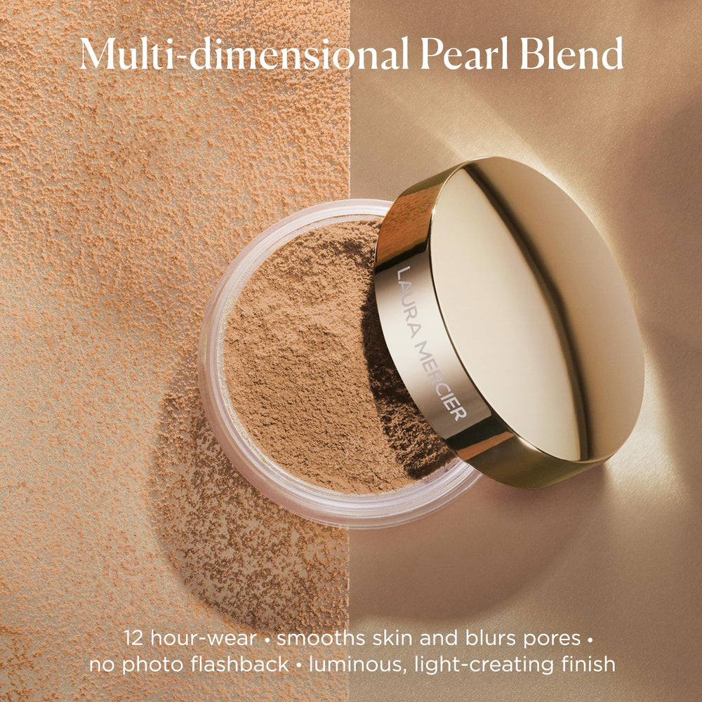 Laura Mercier Light Catcher powder bottle pour action for shade-dispersion and all-day luminosity.