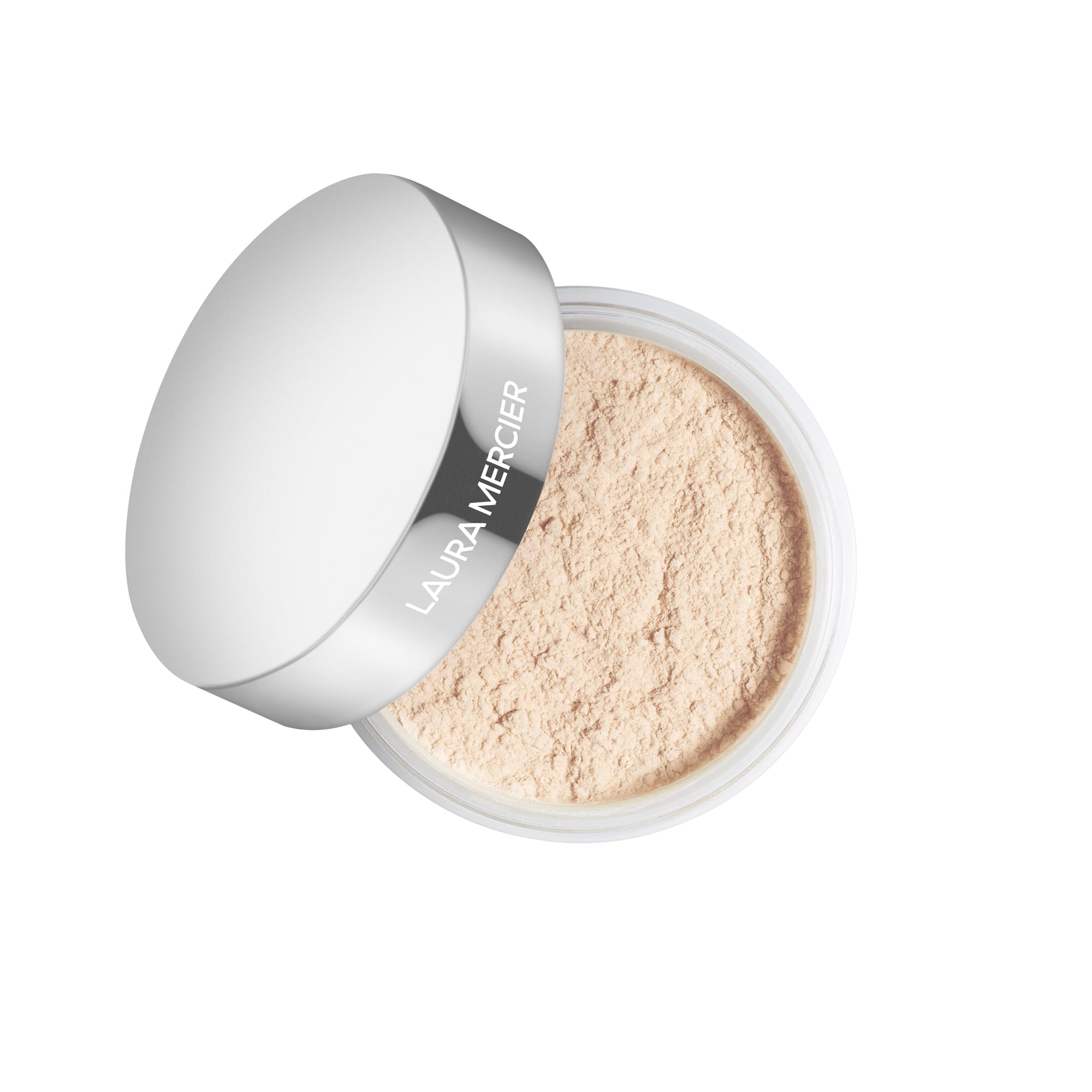 Laura Mercier Light Catcher powder compact close-up for a luminous, long wear finish.