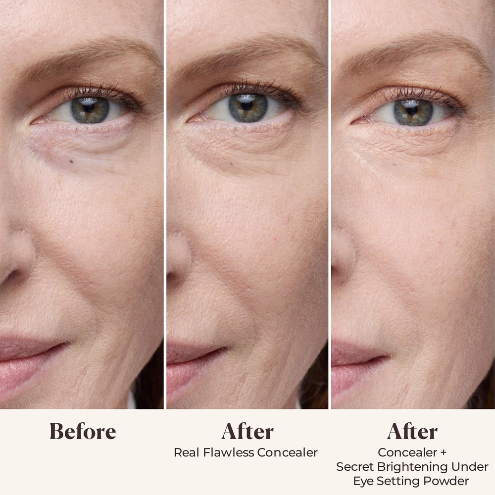Laura Mercier Secret Brightening under-eye powder swatch with peach-pink pigments for brightening