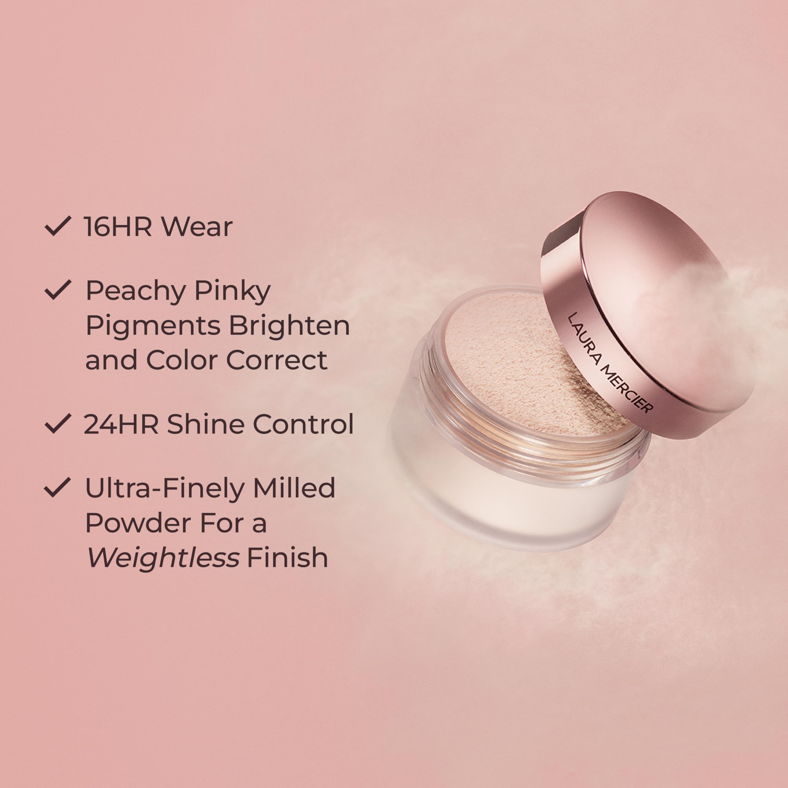 Laura Mercier lightweight silky powder texture resting on skin without heaviness.