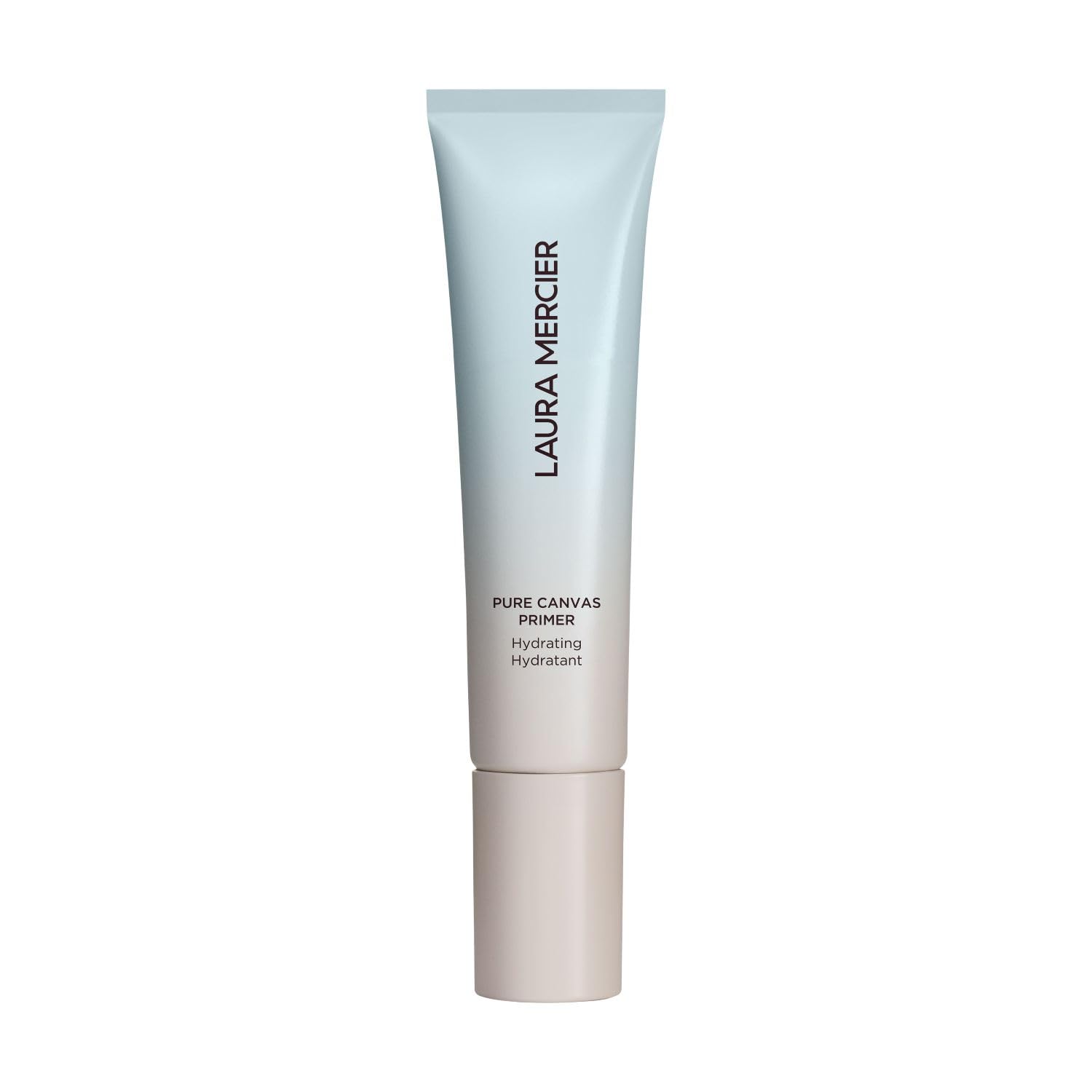 Laura Mercier Pure Canvas Primer Hydrating bottle closeup shows 24-hour hydration protection.