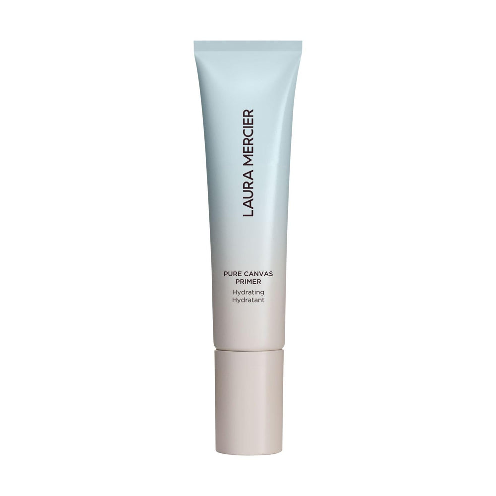 Laura Mercier Pure Canvas Primer Hydrating bottle closeup shows 24-hour hydration protection.