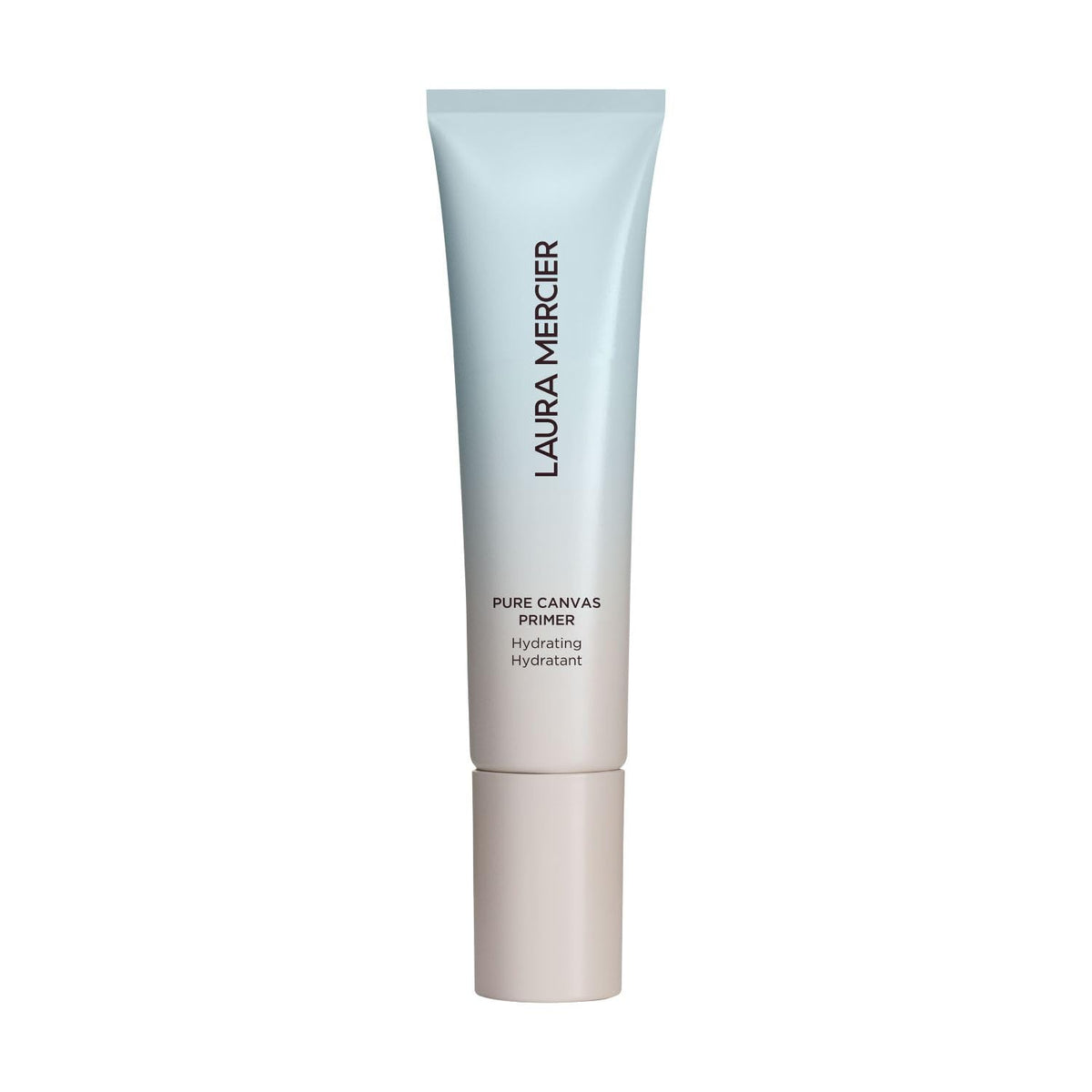 Laura Mercier Pure Canvas Primer Hydrating bottle closeup shows 24-hour hydration protection.