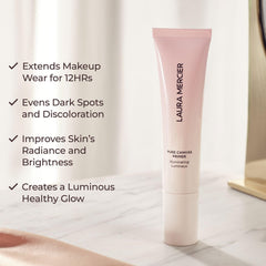 Laura Mercier Pure Canvas Primer close-up shows encapsulated luminous pearls for natural glow.