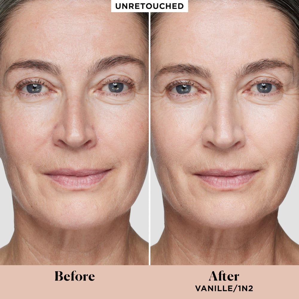Laura Mercier Real Flawless foundation applied close-up to blur pores for smoother skin